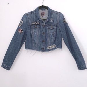 BOOM BOOM CROP JEAN DENIM JACKET WITH PATCHES